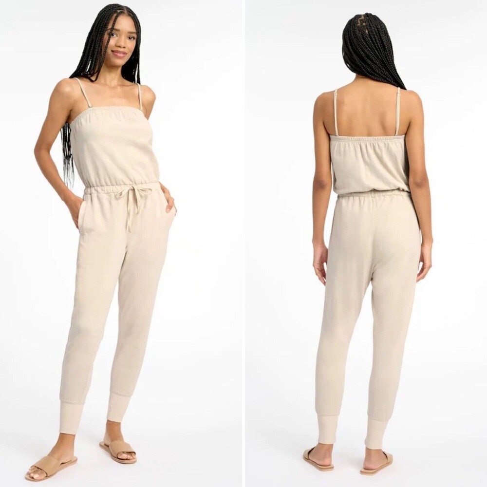 Splendid Collection Cotton Square Neck Jumpsuit Beige S